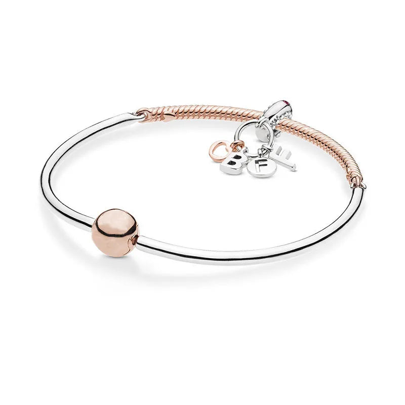 925 Silver Bead Charm Rose Bff Forever Pan Bracelet Women DIY Jewelry Gift