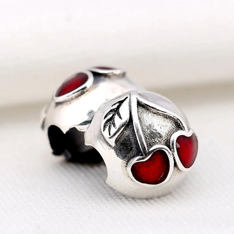 925 Silver Bead Charm Red Enamel Cherry Clip Lock Stopper Bead