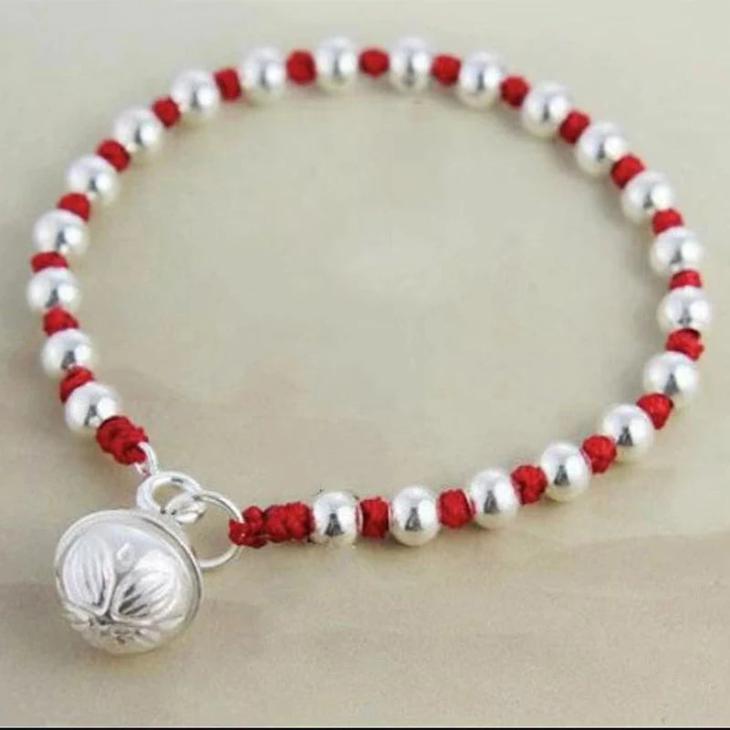 925 Silver Beaded Bracelet Red Thread Bell Charm Bangle