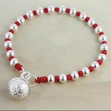 925 Silver Beaded Bracelet Red Thread Bell Charm Bangle