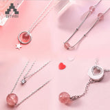 925 Silver Beaded Necklace Pink Strawberry Crystal Star Zircon Heart