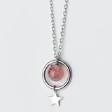 925 Silver Beaded Necklace Pink Strawberry Crystal Star Zircon Heart