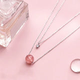 925 Silver Beaded Necklace Pink Strawberry Crystal Star Zircon Heart