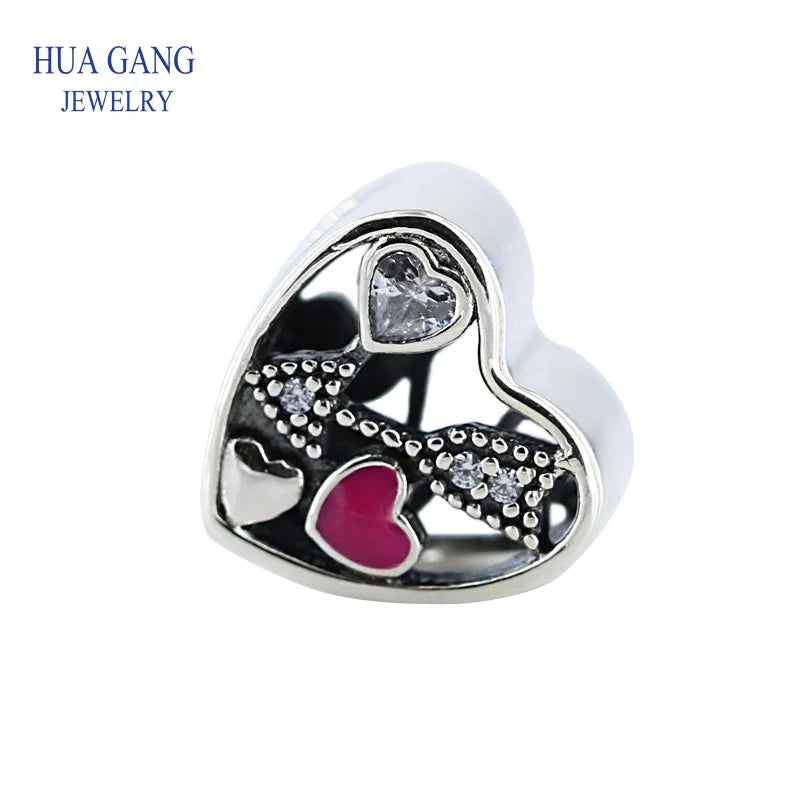 925 Silver Heart Charm Bracelet CZ Bead for Pandora Jewelry DIY