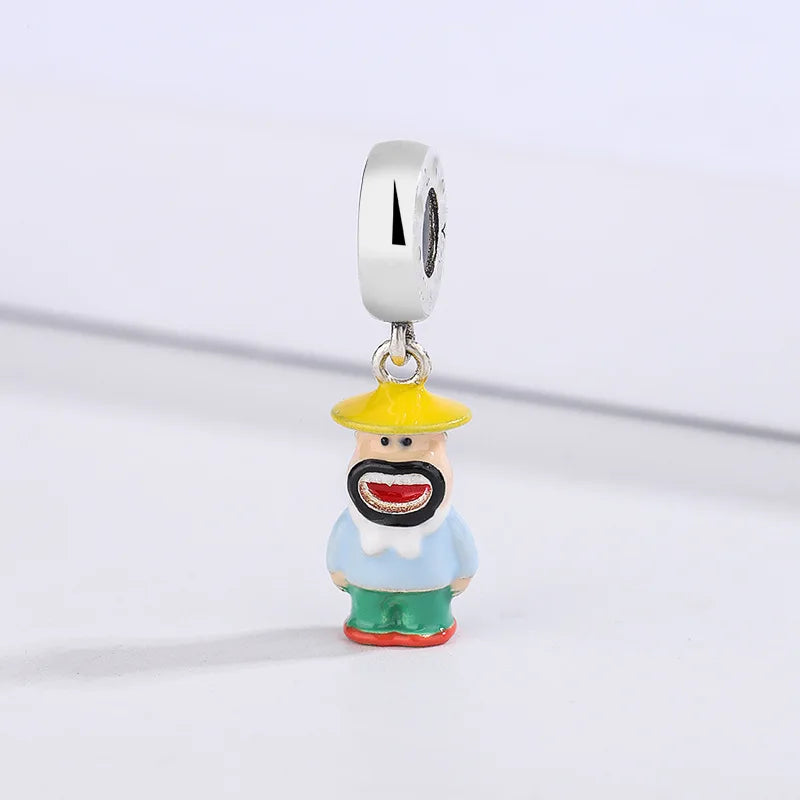 925 Silver Enamel Cartoon Old Man Charm Beads for Jewelry Making