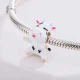 925 Silver Pink Cow Charm Enamel Cartoon Beads for Jewelry Making