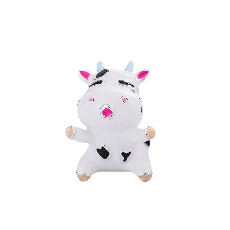 925 Silver Pink Cow Charm Enamel Cartoon Beads for Jewelry Making