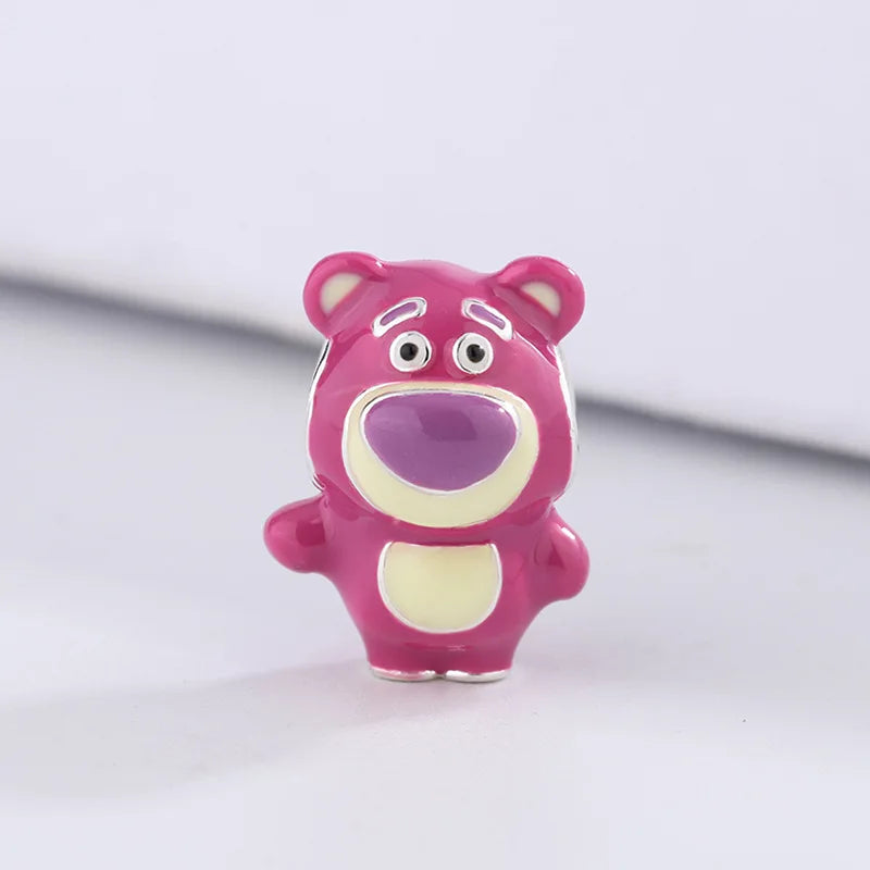 925 Silver Enamel Strawberry Bear Charm Beads DIY Jewelry Making