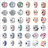 925 Sterling Silver Pink Pav? Clip Flowr Bead Charms for Bracelets