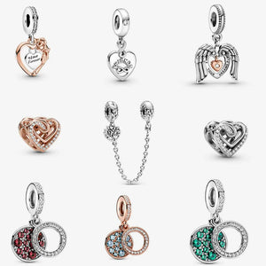 925 Silver Red Green Disc Double Heart Family Tree Safety Chain Dangle Charm