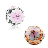 925 Silver Beads Pink Flowers Crystal Beads Charm Bracelet