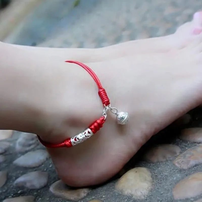 925 Silver Bell Anklet Lucky Red Thread Rope Foot Chain Jewelry