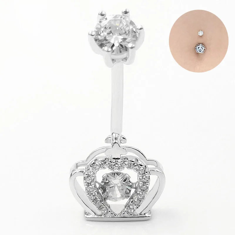925 Silver Belly Button Ring Crown CZ Navel Barbell Sexy Body Piercing