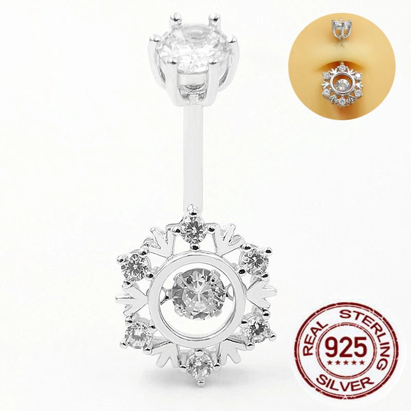 925 Silver Snowflake CZ Navel Barbell Ring Body Jewelry
