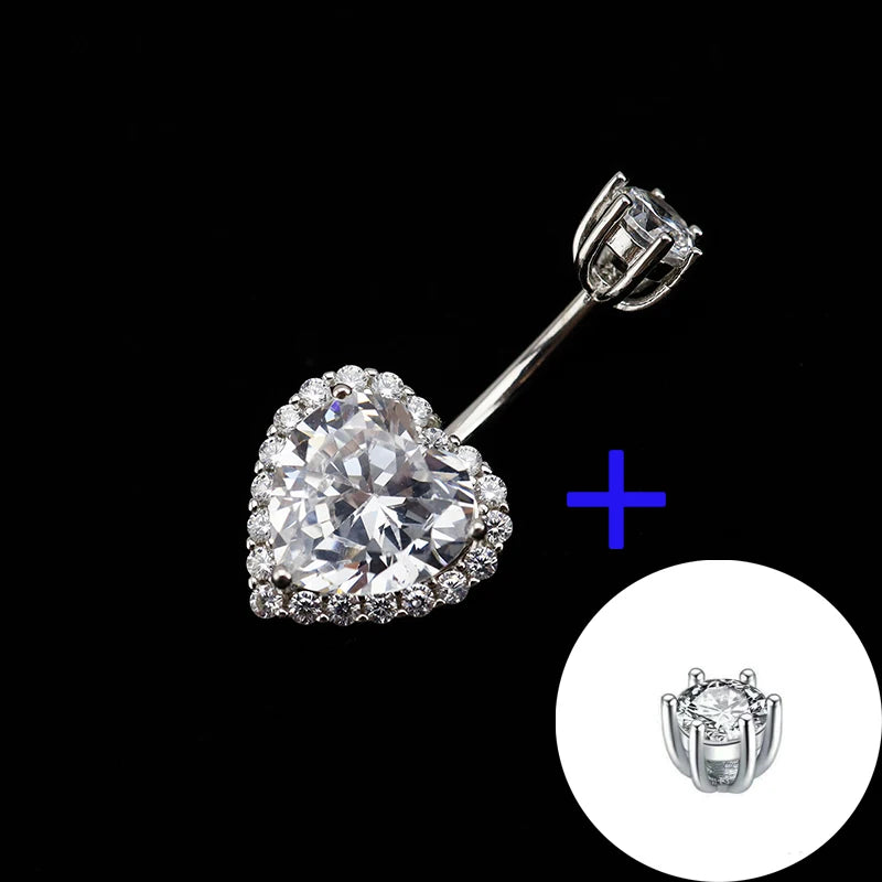 925 Silver Navel Ring Love Heart Zircon Body Jewelry