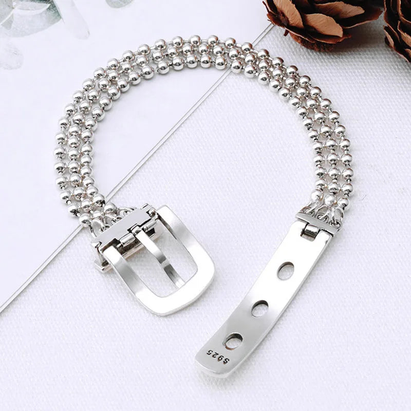 925 Silver Belt Buckle Bracelet Vintage Punk Bead Chain Bangles