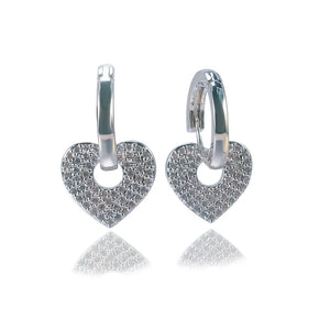 925 Silver Heart Drop Earring Crystal Pave Clips Gift