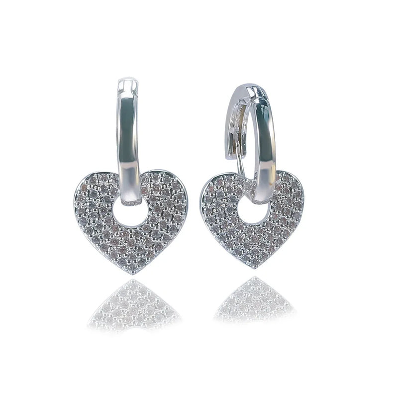 925 Silver Heart Drop Earring Crystal Pave Clips Gift