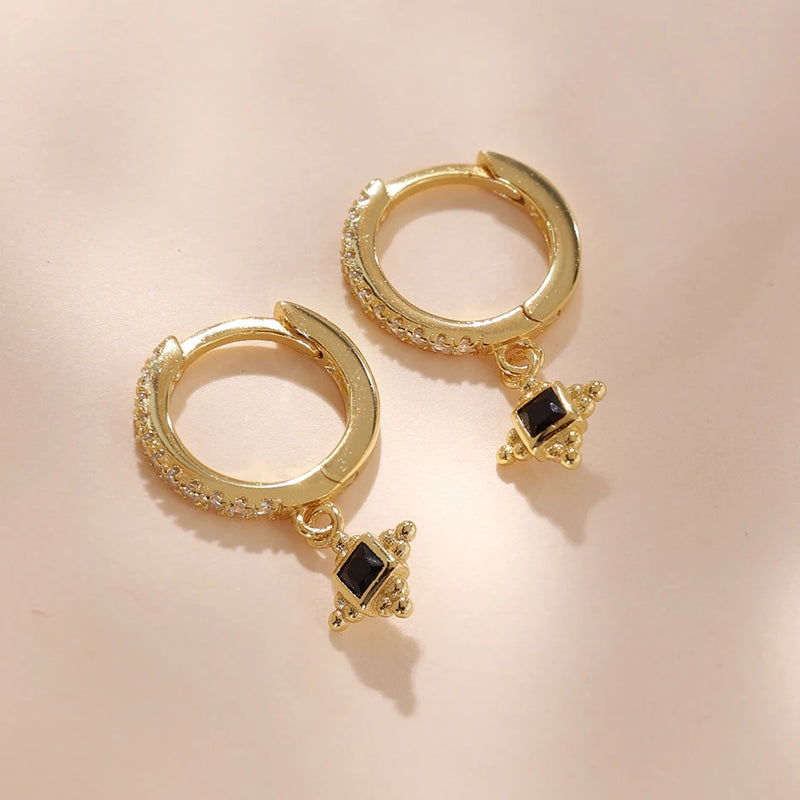 925 Silver Cross Stone Bead Pendant Hoop Earrings