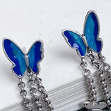 925 Silver Butterfly Long Earrings Retro Enamel Tassel E187