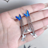 925 Silver Butterfly Long Earrings Retro Enamel Tassel E187