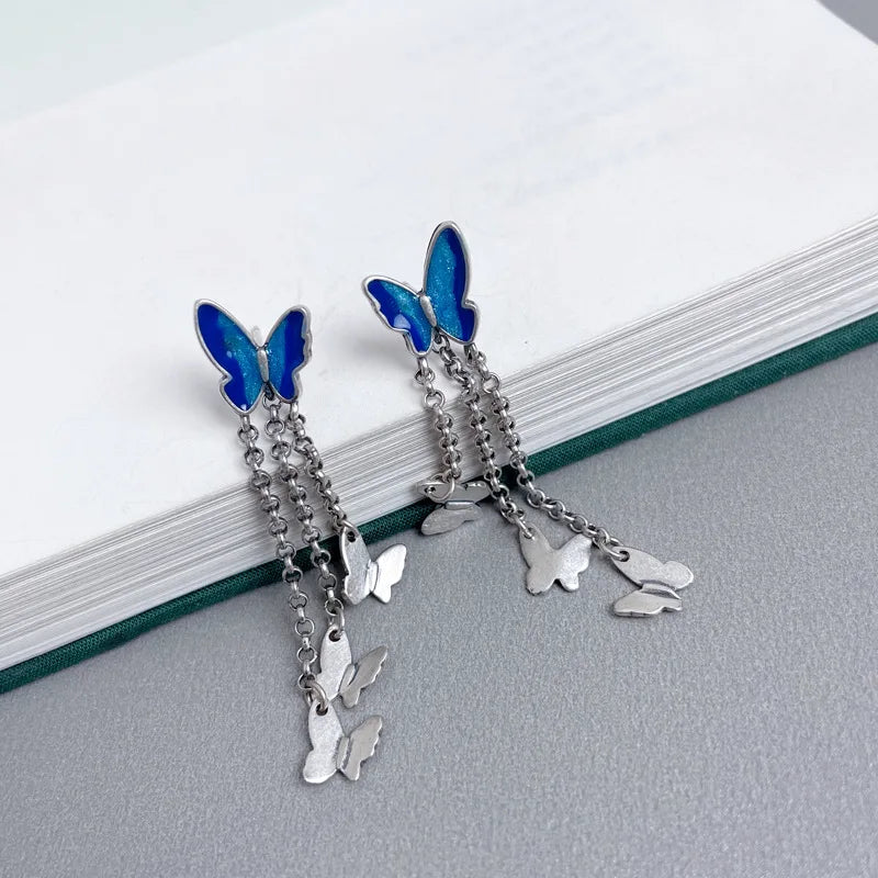 925 Silver Butterfly Long Earrings Retro Enamel Tassel E187