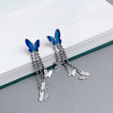 925 Silver Butterfly Long Earrings Retro Enamel Tassel E187