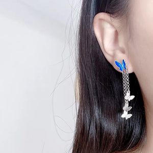 925 Silver Butterfly Long Earrings Retro Enamel Tassel E187