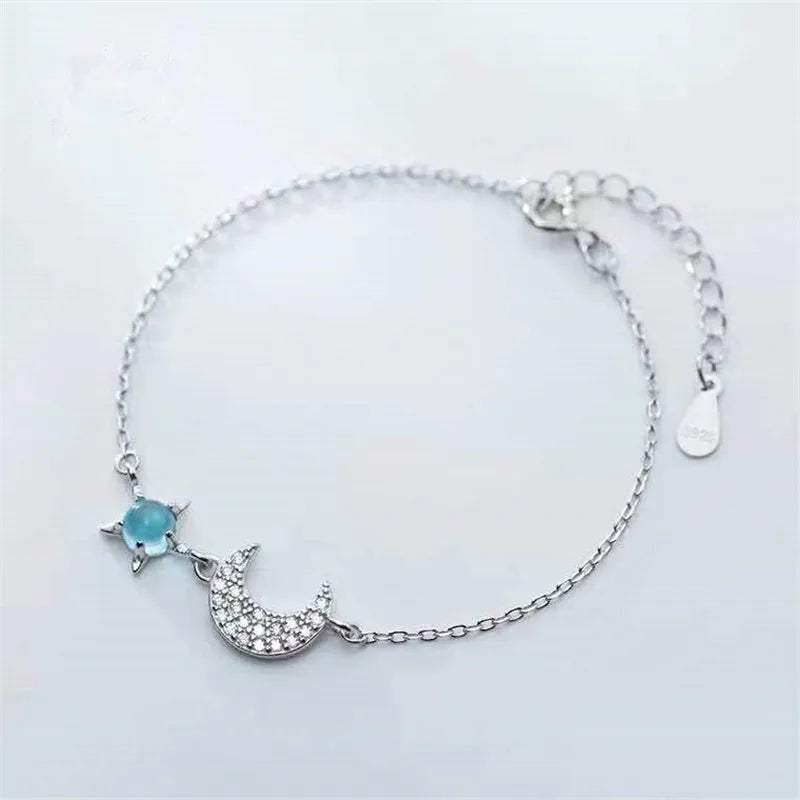 925 Silver Crystal Star Moon Bracelet for Women Girls