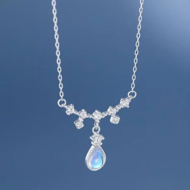 925 Silver Droplet Necklace Moonlight Stone Pendant Summer Jewelry