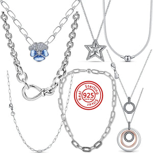 925 Silver Flowers 3 Circles Pendant Link Chain Necklaces Women Jewelry