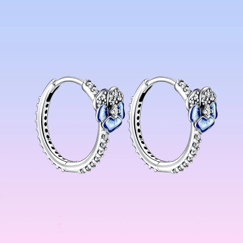 Sterling Silver Pansy Flower Hoop Earrings for Women