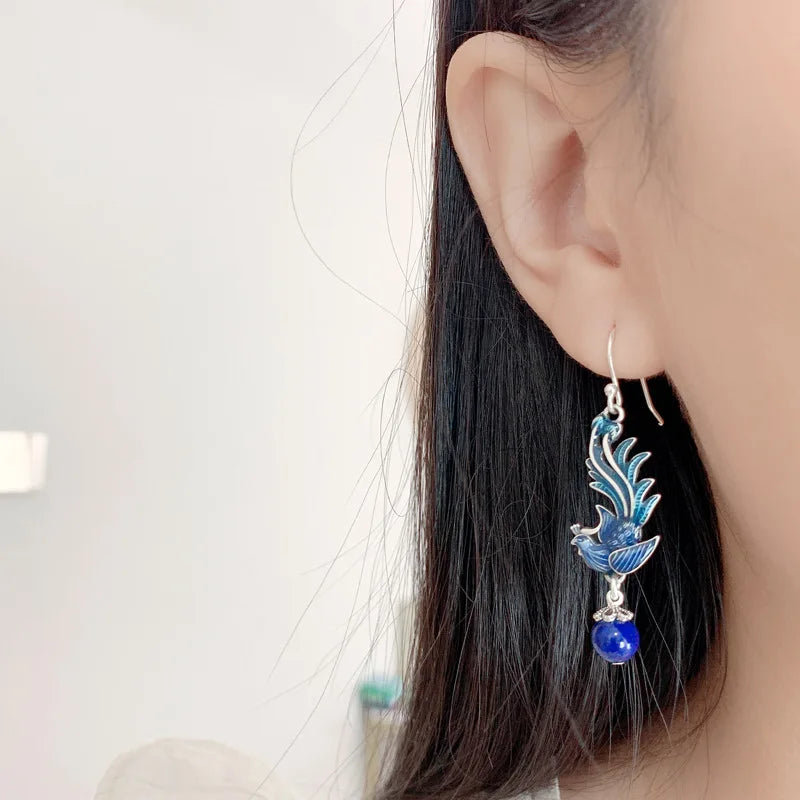 925 Silver Phoenix Drop Earrings Lapis Enamel Bird EH185