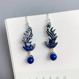 925 Silver Phoenix Drop Earrings Lapis Enamel Bird EH185