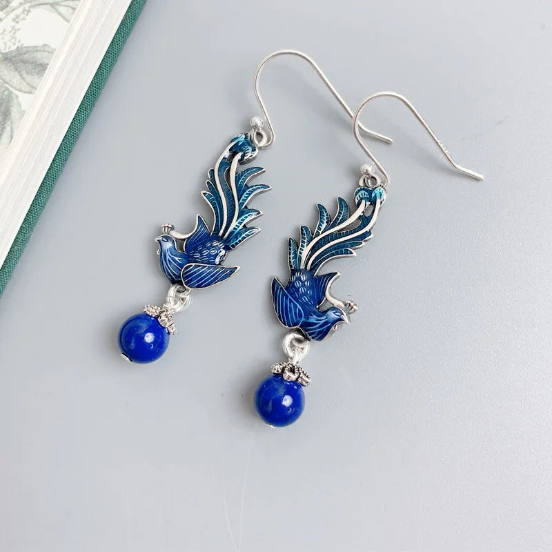 925 Silver Phoenix Drop Earrings Lapis Enamel Bird EH185