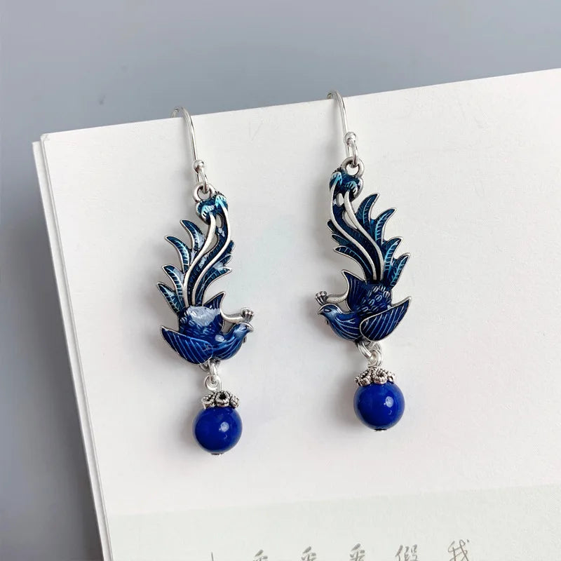 925 Silver Phoenix Drop Earrings Lapis Enamel Bird EH185