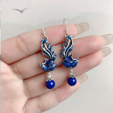 925 Silver Phoenix Drop Earrings Lapis Enamel Bird EH185