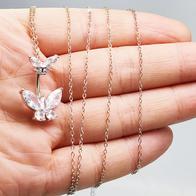 925 Silver Butterfly Zircon Belly Button Ring Body Chain