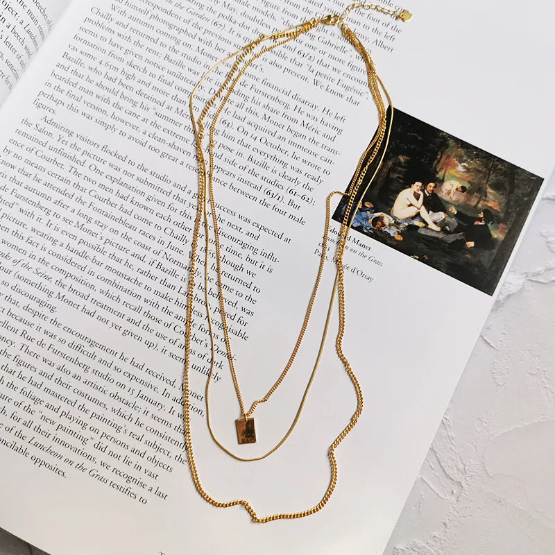 925 Silver Bohemian Square Pendant Multi-layer Necklace Women Holiday Jewelry