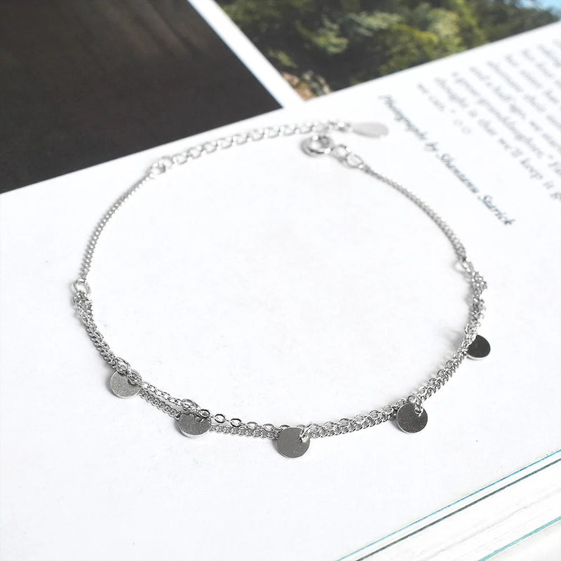 925 Silver Boho Disc Accessory Double Layer Bracelet Women Adjustable
