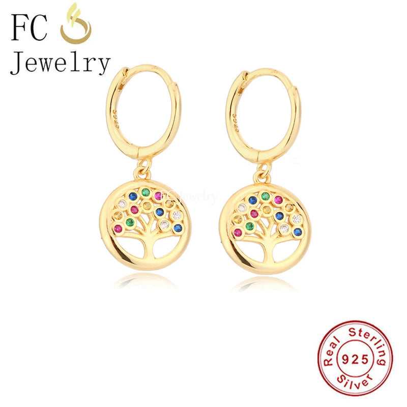 925 Silver Tree of Life Rainbow Zircon Hoop Earring