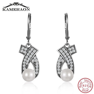 925 Silver Vintage Dangling Earrings Women Boho Shell Simulated-pearl Zircon