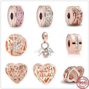 925 Silver Bow Hearts Mum Bead Pendant Spacer Charms Rose Fit Bracelets