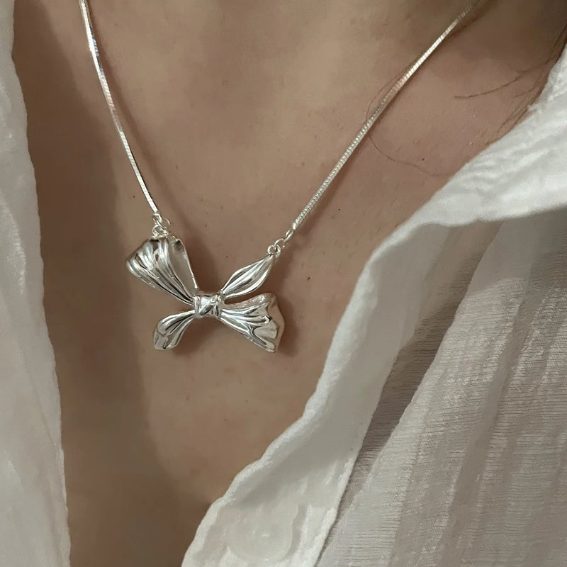 925 Silver Bow Lace Choker Necklace Women Fine Jewelry