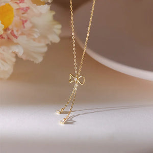 925 Silver Bow Necklace Tassel Flash Diamond Sweet Pendant