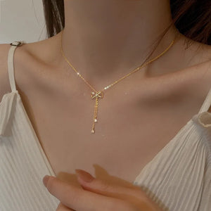 925 Silver Bow Necklace Tassel Flash Diamond Sweet Pendant