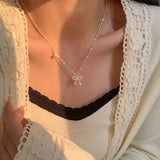 925 Silver Bow Necklace Sparkling Water Wave Chain Jewelry