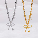 925 Silver Bow Necklace Sparkling Water Wave Chain Jewelry
