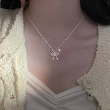 925 Silver Bow Necklace Sparkling Water Wave Chain Jewelry