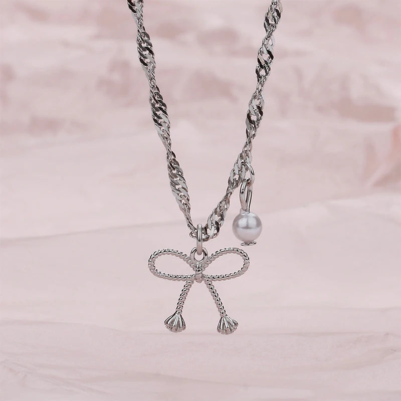 925 Silver Bow Necklace Sparkling Water Wave Chain Jewelry